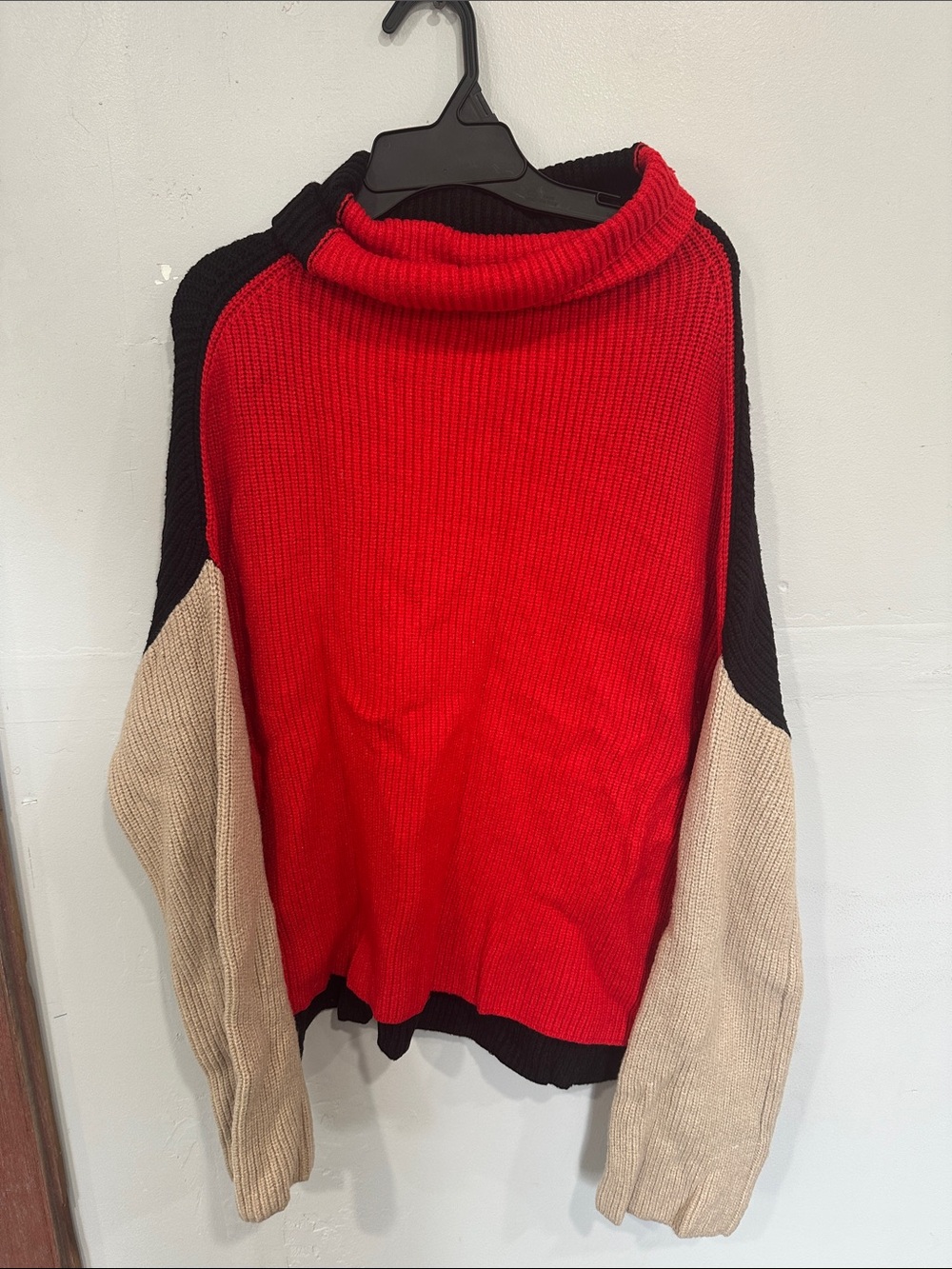 Miracle Red + Black + Beige Cowl Turtleneck Sweater